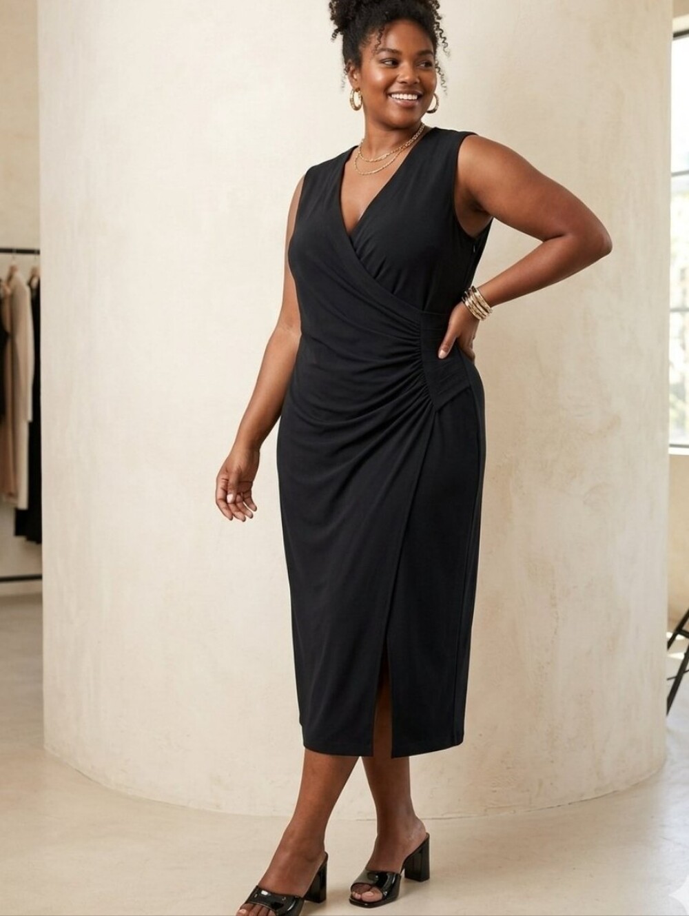 Lauren Ralph Lauren Black Sleeveless Draped V-Neck Midi Dress Sx 1X